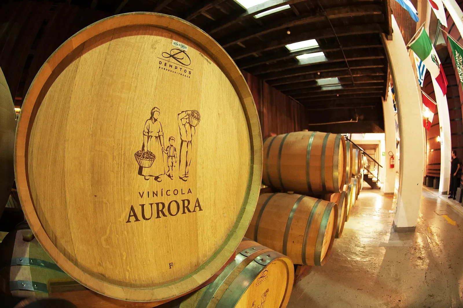 Barril com a marca da Vinícola Aurora à frente de uma fila de barris