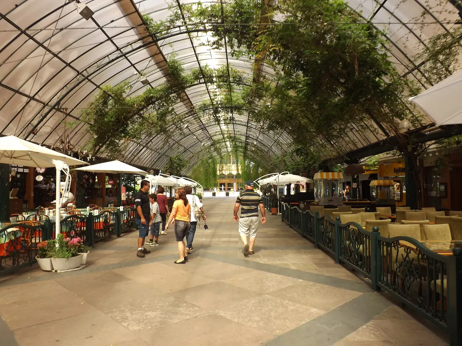 Rua Coberta com mesas de cafés sob o telhado de vidro e plantas