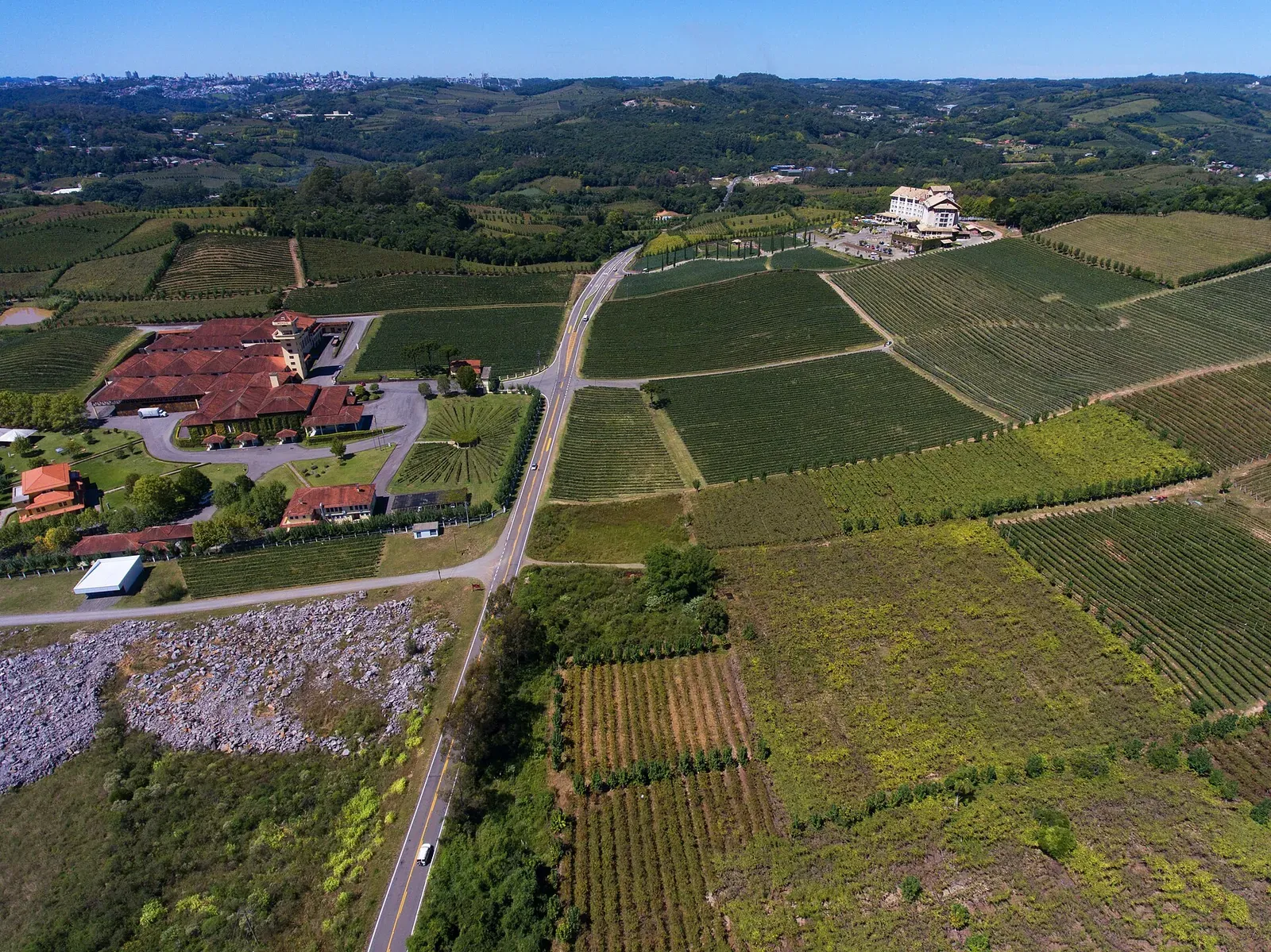 Vale dos Vinhedos visto do alto, com parreirais, vinícolas e a estrada no meio